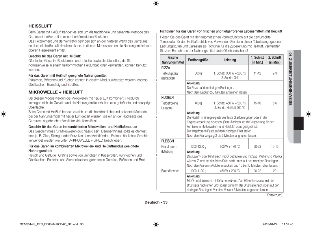 Samsung CE107MST-4/XEN, CE107M-4S/XEN manual Heissluft, Mikrowelle + HEIßLUFT, Nudeln, Fleisch 