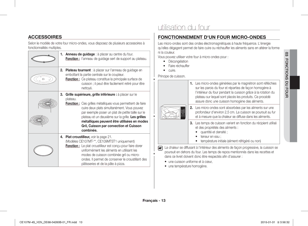 Samsung CE107MST-4/XEN Utilisation du four, Accessoires, Fonctionnement DUN Four MICRO-ONDES, Plat croustilleur, voir la 