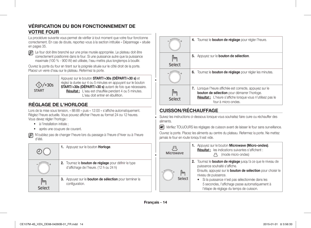 Samsung CE107M-4S/XEN manual Vérification DU BON Fonctionnement DE Votre Four, Réglage DE Lhorloge, Cuisson/Réchauffage 