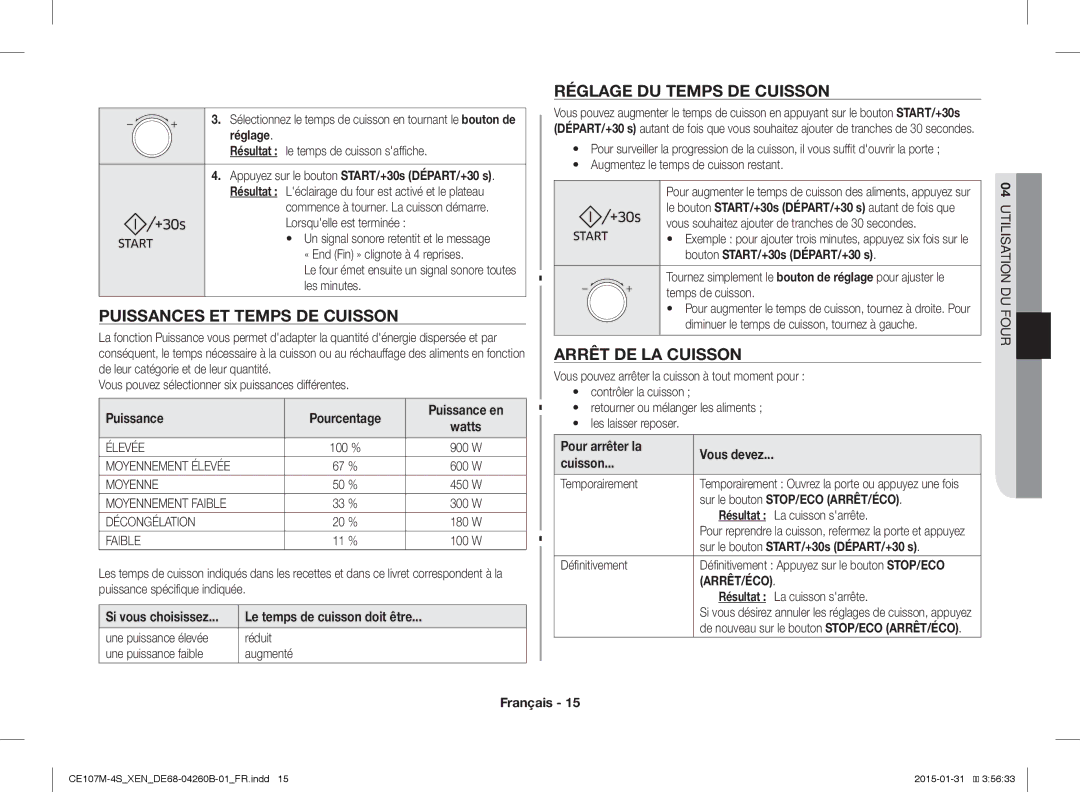 Samsung CE107MST-4/XEN, CE107M-4S/XEN Puissances ET Temps DE Cuisson, Réglage DU Temps DE Cuisson, Arrêt DE LA Cuisson 