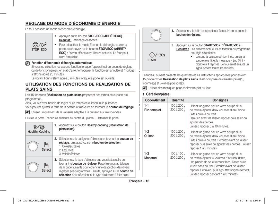 Samsung CE107M-4S/XEN manual Réglage DU Mode Déconomie Dénergie, Utilisation DES Fonctions DE Réalisation DE Plats Sains 