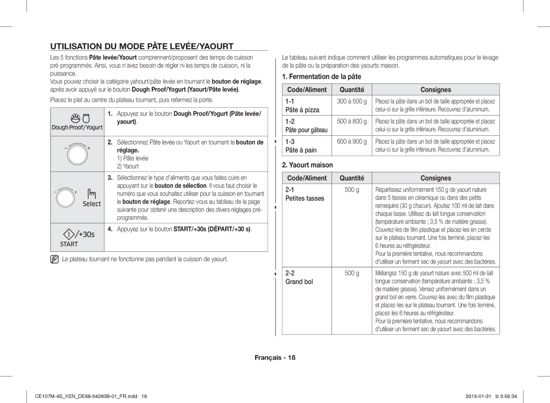 Samsung CE107M-4S/XEN, CE107MST-4/XEN manual Utilisation DU Mode Pâte LEVÉE/YAOURT, Fermentation de la pâte, Yaourt maison 