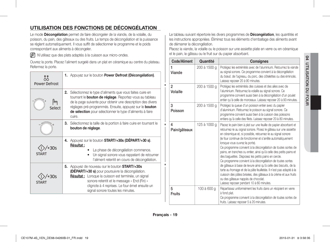 Samsung CE107MST-4/XEN Utilisation DES Fonctions DE Décongélation, Appuyez sur le bouton START/+30s DÉPART/+30 s Résultat 