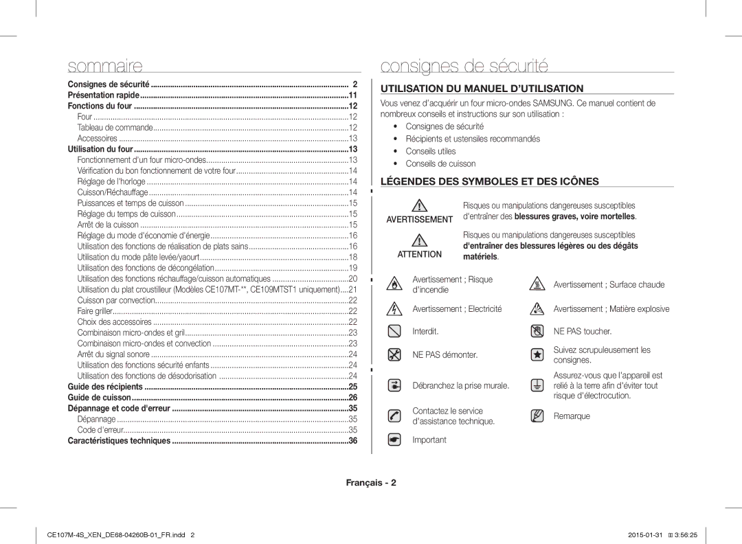 Samsung CE107M-4S/XEN, CE107MST-4/XEN manual Sommaire, Consignes de sécurité, Utilisation DU Manuel D’UTILISATION 