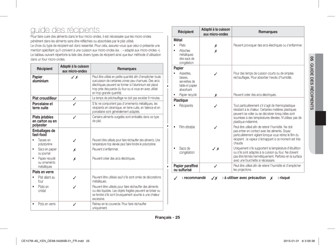 Samsung CE107MST-4/XEN, CE107M-4S/XEN manual Guide des récipients 