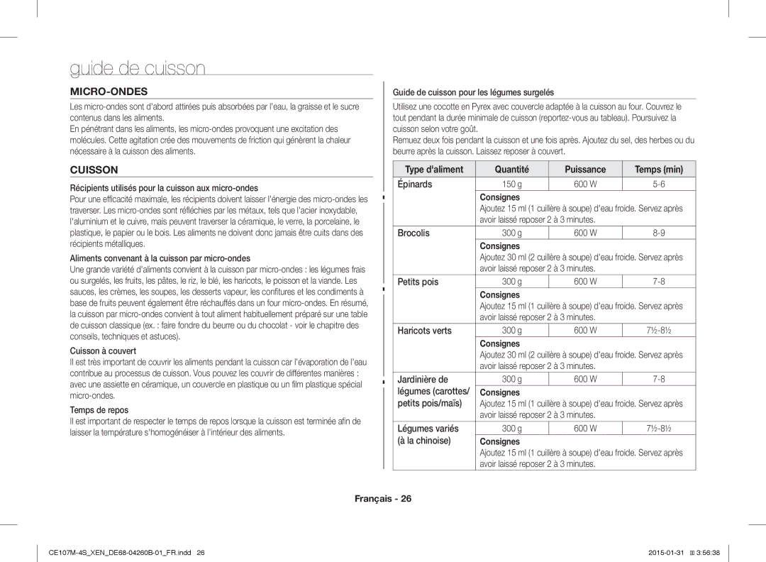 Samsung CE107M-4S/XEN, CE107MST-4/XEN manual Guide de cuisson, Micro-Ondes, Cuisson, Quantité Puissance 