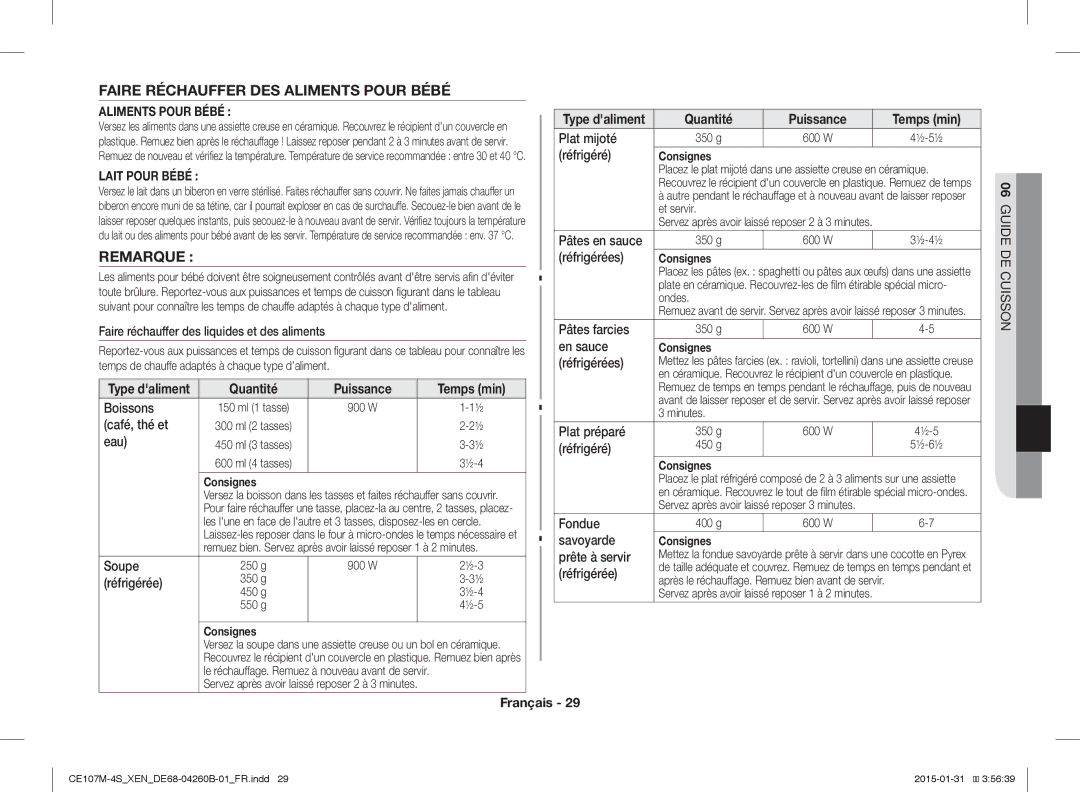 Samsung CE107MST-4/XEN manual Faire Réchauffer DES Aliments Pour Bébé, Remarque, Quantité Puissance Temps min, Réfrigéré 