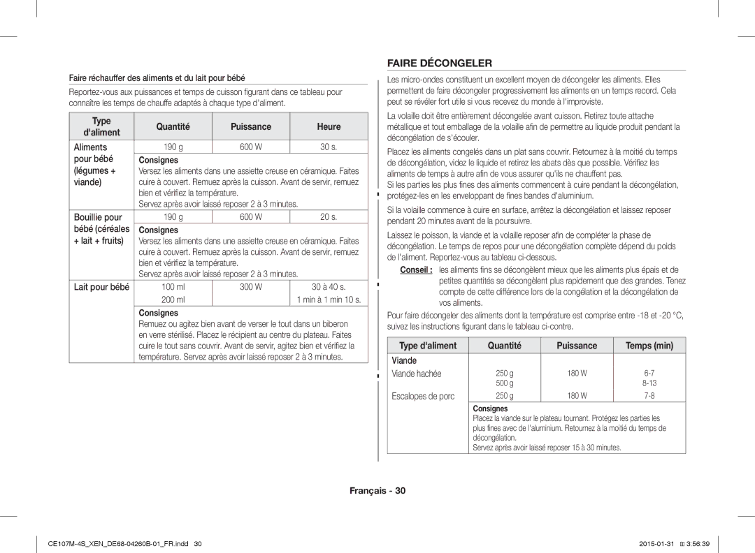 Samsung CE107M-4S/XEN, CE107MST-4/XEN manual Faire Décongeler, Type Quantité Puissance Heure Daliment 