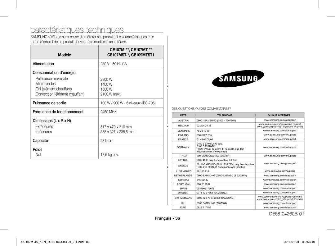 Samsung CE107M-4S/XEN manual Caractéristiques techniques, CE107M-**, CE107MT, Modèle, 100 W / 900 W 6 niveaux IEC-705 