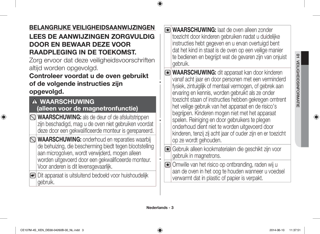 Samsung CE107MST-4/XEN, CE107M-4S/XEN manual Waarschuwing, Eiligheidsinformatie 