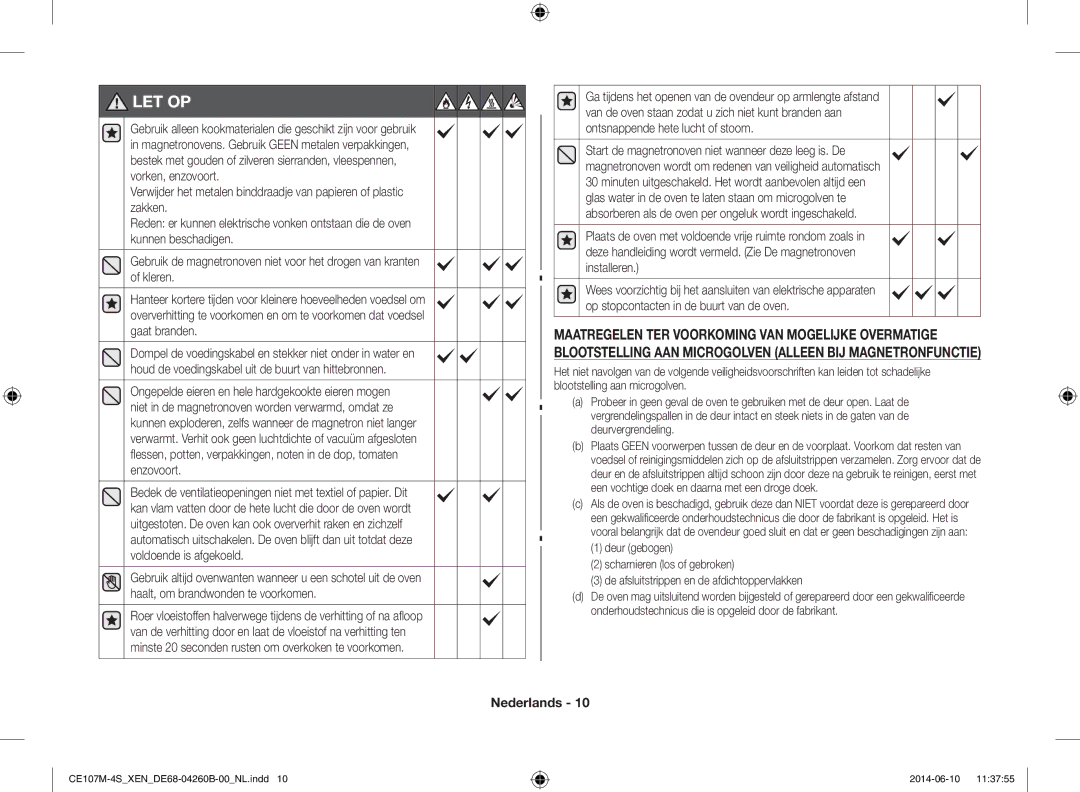 Samsung CE107M-4S/XEN, CE107MST-4/XEN manual Let Op 