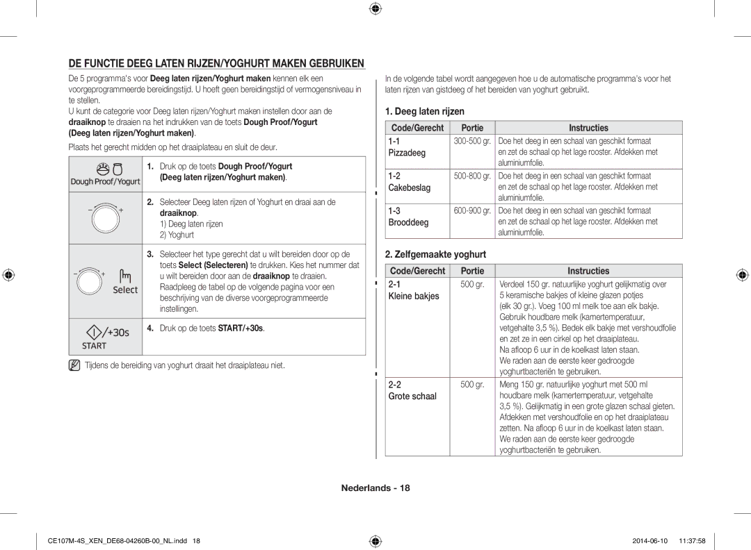 Samsung CE107M-4S/XEN manual De functie deeg laten rijzen/yoghurt maken gebruiken, Deeg laten rijzen, Zelfgemaakte yoghurt 