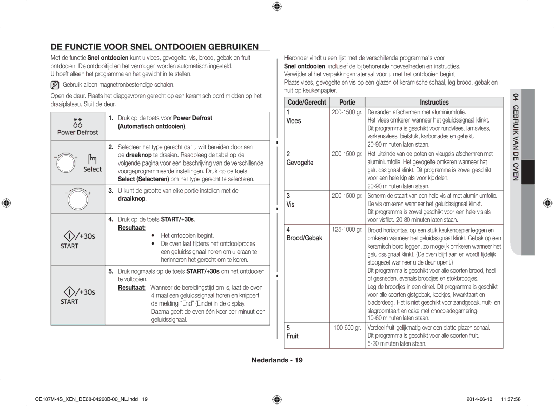 Samsung CE107MST-4/XEN, CE107M-4S/XEN manual De functie voor snel ontdooien gebruiken, Resultaat, Code/Gerecht Portie 