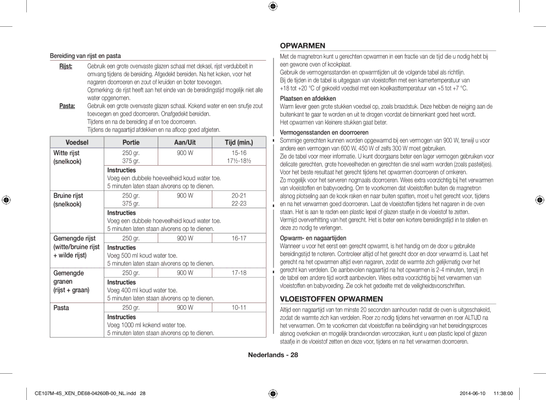 Samsung CE107M-4S/XEN, CE107MST-4/XEN manual Vloeistoffen Opwarmen, Rijst, Pasta, Voedsel Portie 