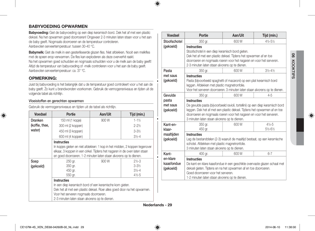 Samsung CE107MST-4/XEN, CE107M-4S/XEN manual Babyvoeding Opwarmen, Opmerking 
