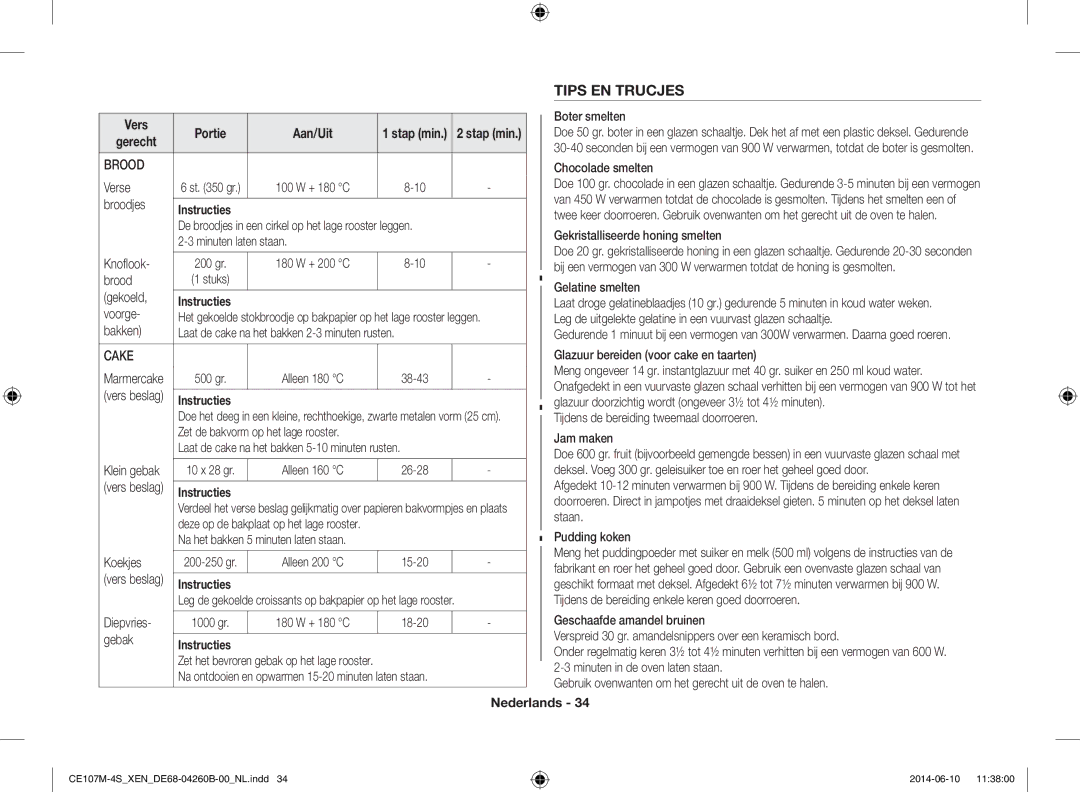 Samsung CE107M-4S/XEN, CE107MST-4/XEN manual Tips EN Trucjes, Brood, Cake 