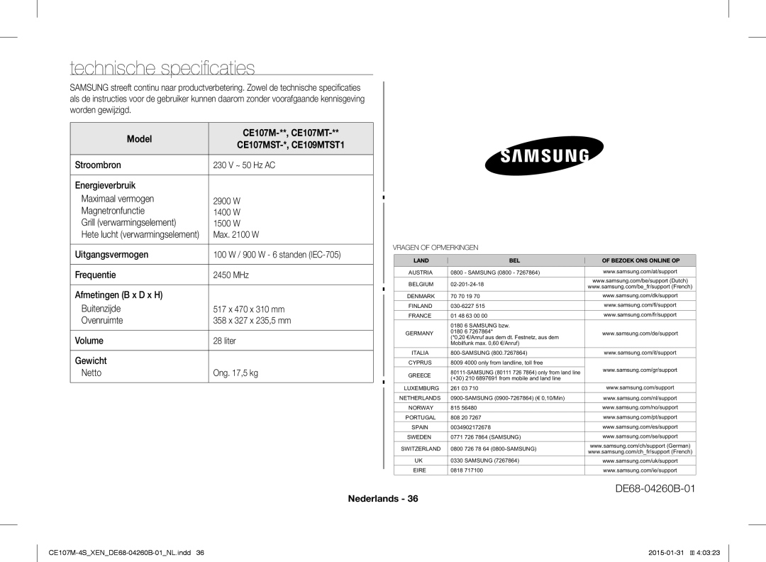 Samsung CE107M-4S/XEN manual Technische specificaties, Model CE107M-**, CE107MT, Max W, Hete lucht verwarmingselement 