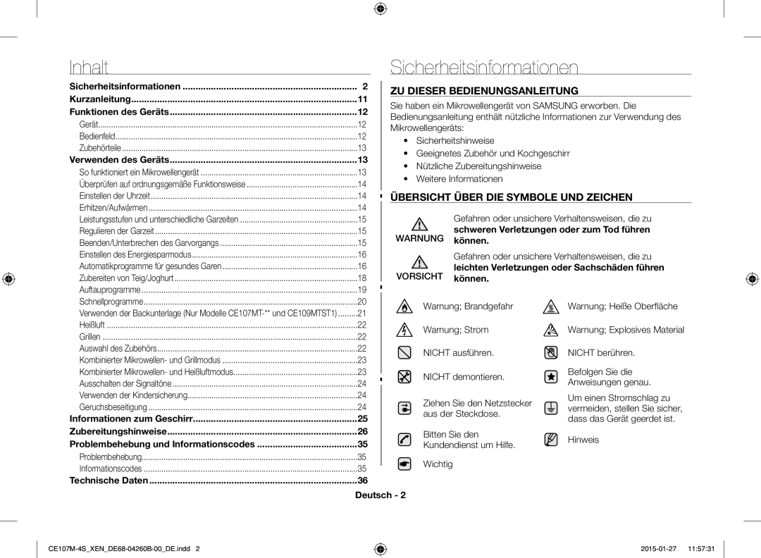 Samsung CE107M-4S/XEN, CE107MST-4/XEN manual Inhalt Sicherheitsinformationen, ZU Dieser Bedienungsanleitung 