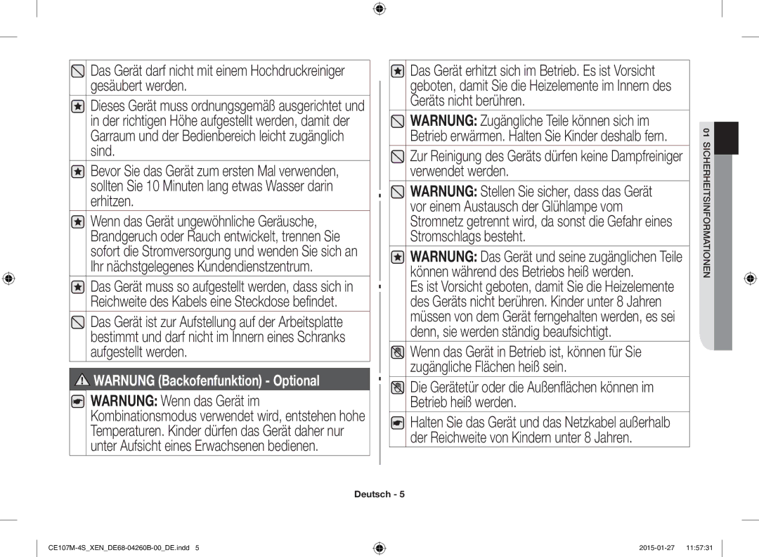 Samsung CE107MST-4/XEN, CE107M-4S/XEN manual Warnung Backofenfunktion Optional 