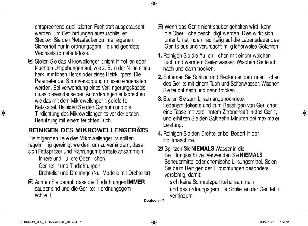 Samsung CE107MST-4/XEN manual Wechselstromsteckdose, Nach und dann trocken, Sie feucht nach und dann trocken, Leistung 