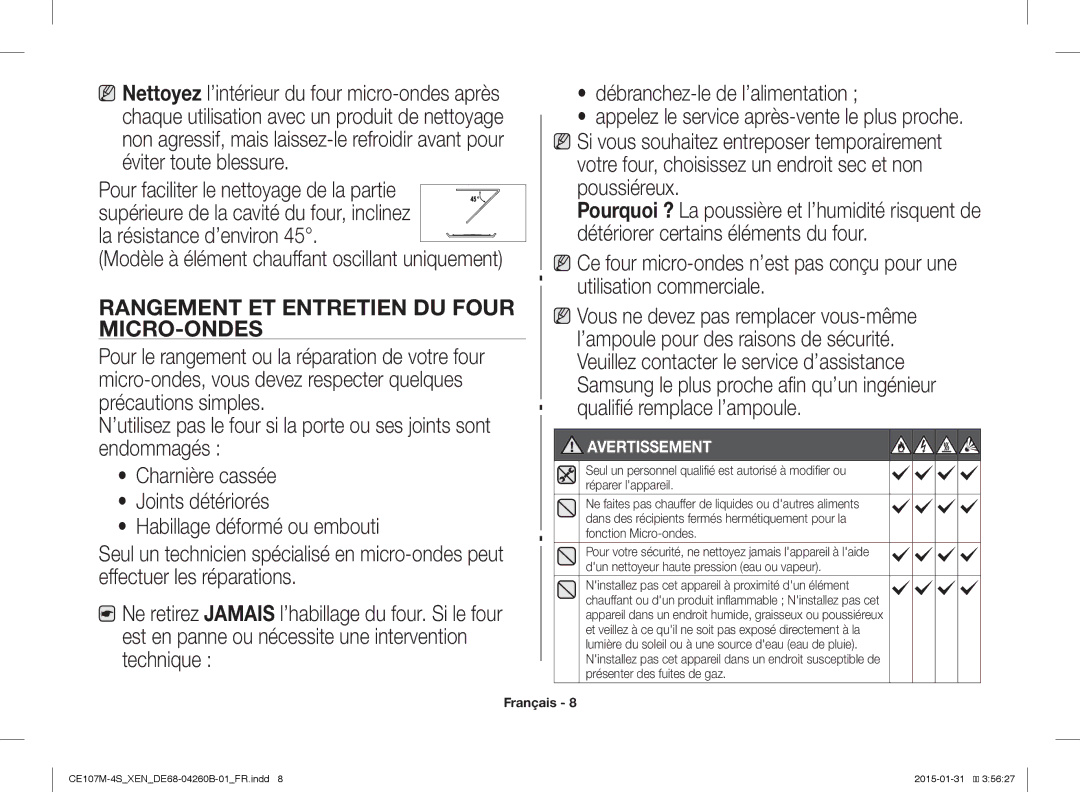 Samsung CE107M-4S/XEN, CE107MST-4/XEN manual Rangement ET Entretien DU Four MICRO-ONDES 