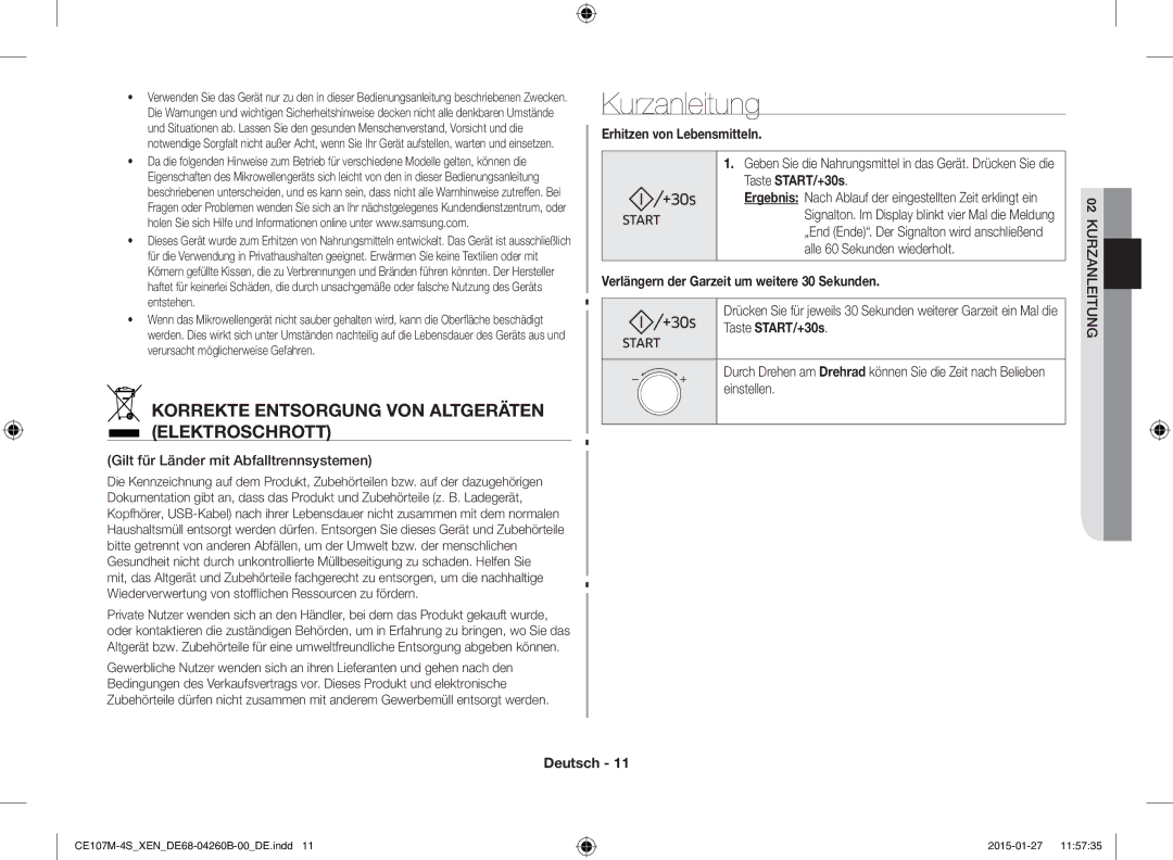 Samsung CE107MST-4/XEN manual Kurzanleitung, Korrekte Entsorgung VON Altgeräten Elektroschrott, Erhitzen von Lebensmitteln 