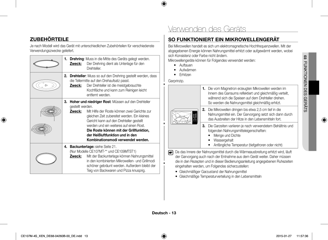 Samsung CE107MST-4/XEN Verwenden des Geräts, Zubehörteile, SO Funktioniert EIN Mikrowellengerät, Backunterlage siehe Seite 