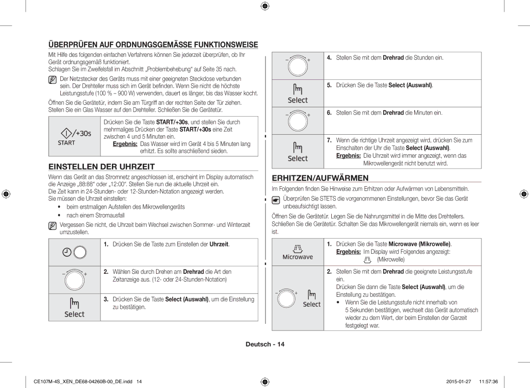 Samsung CE107M-4S/XEN manual Einstellen DER Uhrzeit, Erhitzen/Aufwärmen, Überprüfen AUF Ordnungsgemässe Funktionsweise 