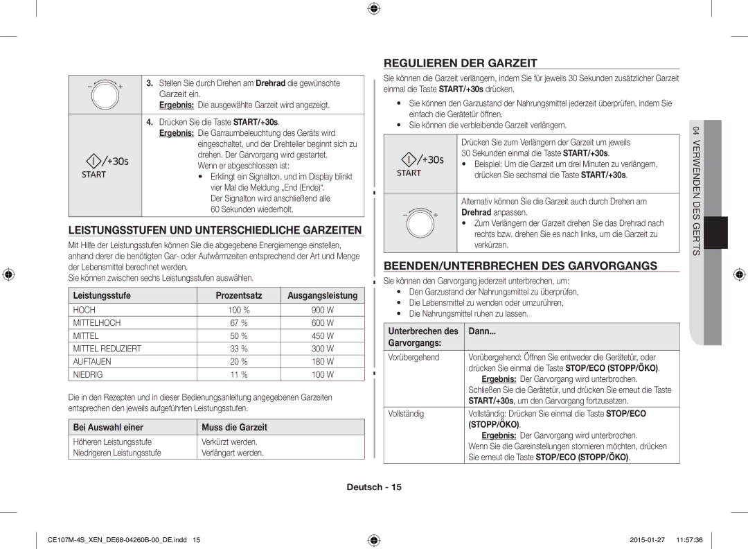 Samsung CE107MST-4/XEN, CE107M-4S/XEN manual Leistungsstufen UND Unterschiedliche Garzeiten, Regulieren DER Garzeit 