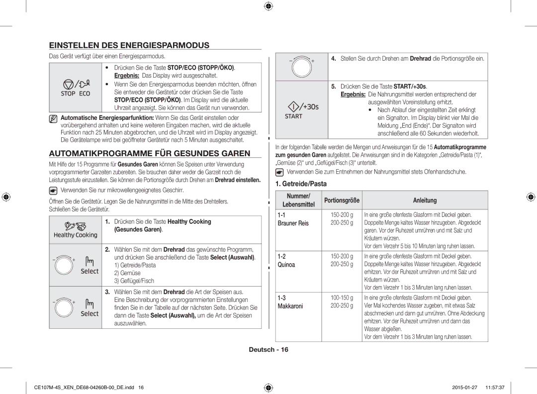 Samsung CE107M-4S/XEN manual Einstellen DES Energiesparmodus, Automatikprogramme FÜR Gesundes Garen, Getreide/Pasta 