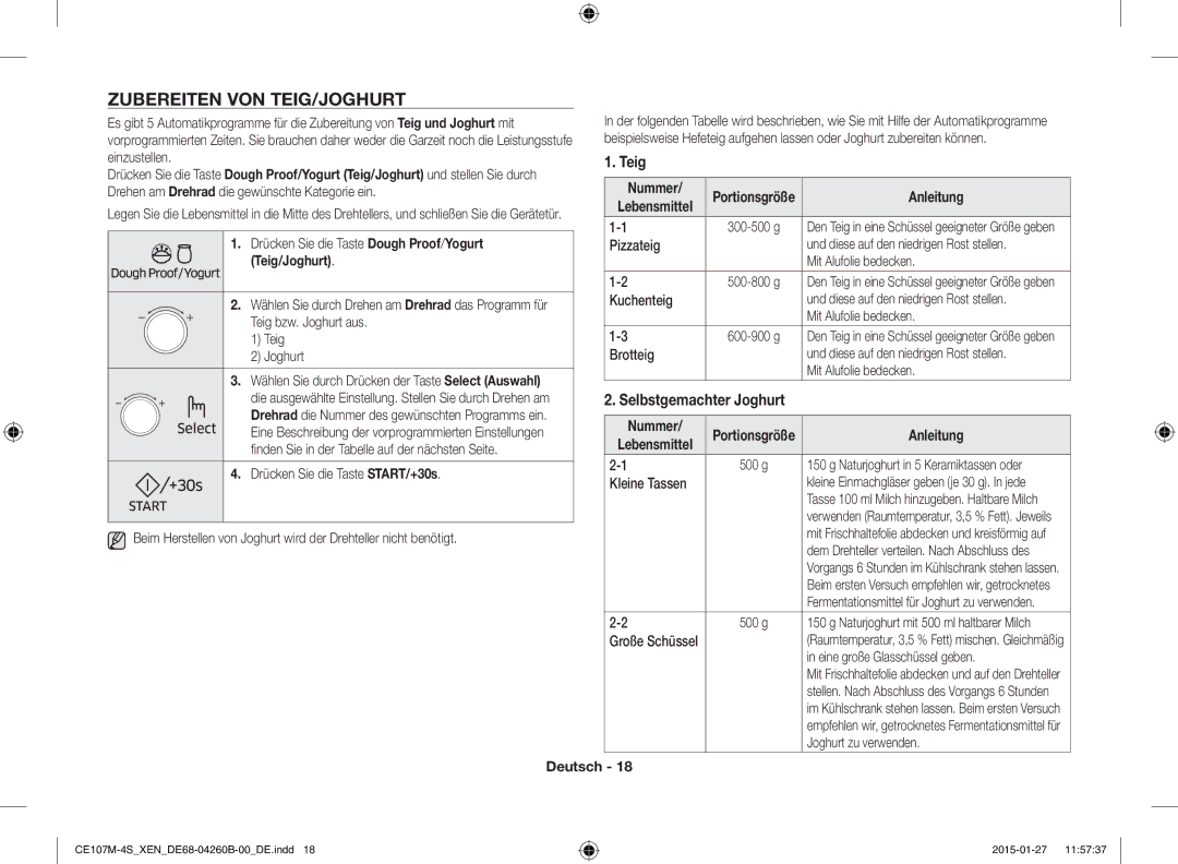 Samsung CE107M-4S/XEN, CE107MST-4/XEN manual Zubereiten VON TEIG/JOGHURT, Teig, Selbstgemachter Joghurt 