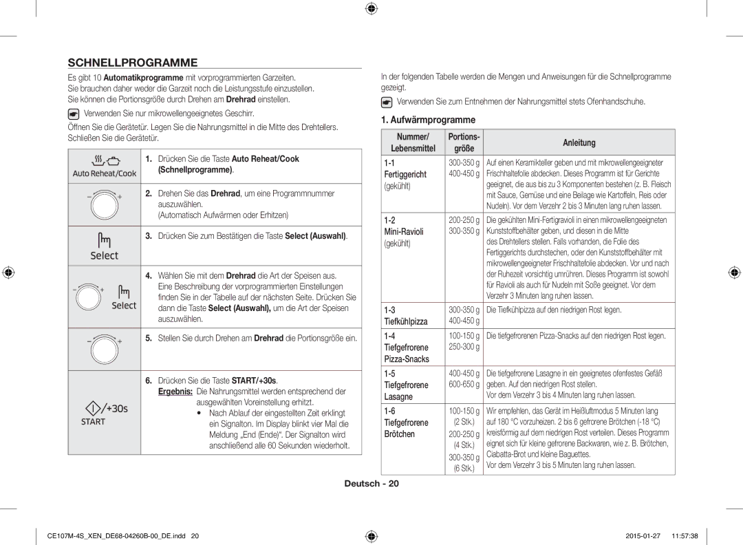 Samsung CE107M-4S/XEN, CE107MST-4/XEN manual Schnellprogramme, Aufwärmprogramme 