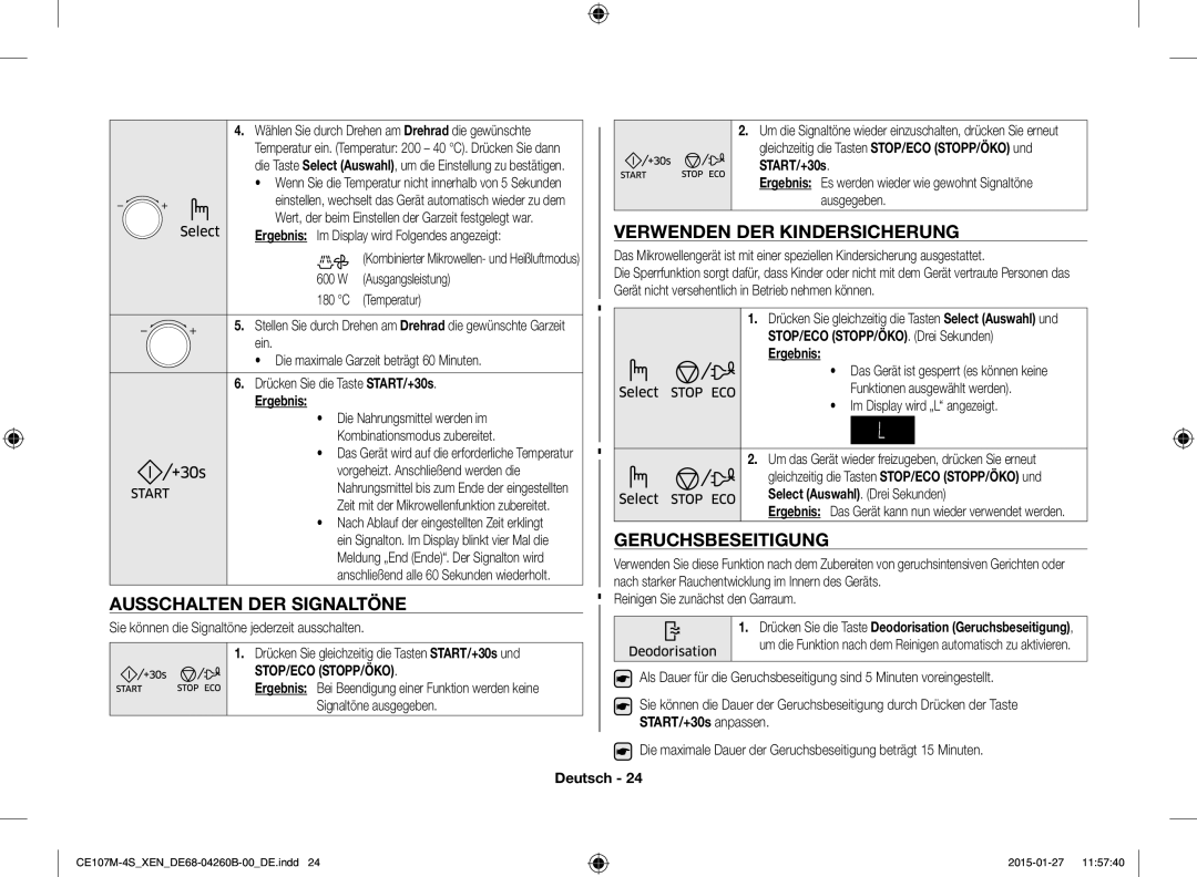 Samsung CE107M-4S/XEN manual Ausschalten DER Signaltöne, Verwenden DER Kindersicherung, Geruchsbeseitigung, START/+30s 