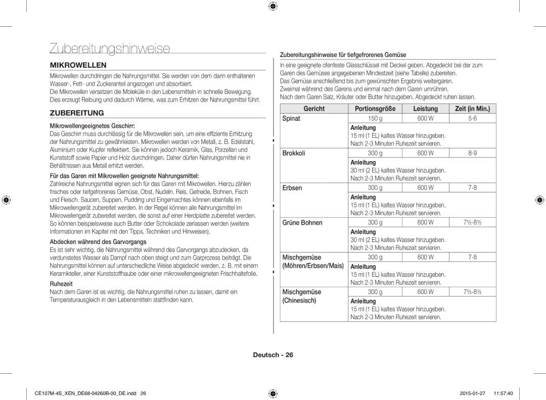 Samsung CE107M-4S/XEN, CE107MST-4/XEN manual Zubereitungshinweise, Mikrowellen, Gericht, Leistung 