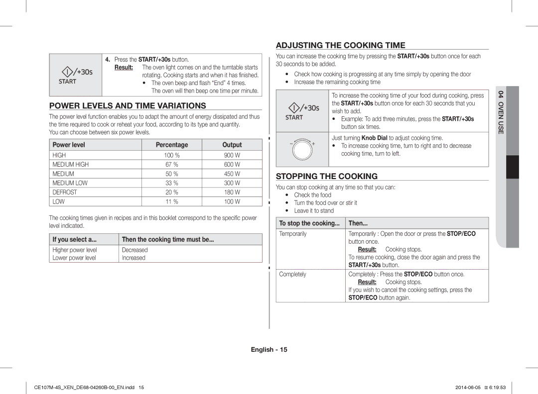 Samsung CE107MST-4/XEN, CE107M-4S/XEN Power Levels and Time Variations, Adjusting the Cooking Time, Stopping the Cooking 