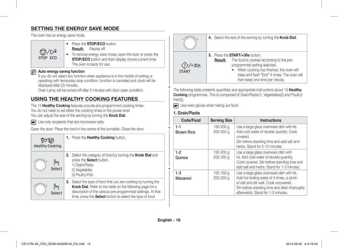 Samsung CE107M-4S/XEN manual Setting the Energy Save Mode, Using the Healthy Cooking Features, Auto energy saving function 