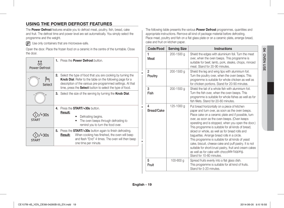 Samsung CE107MST-4/XEN manual Using the Power Defrost Features, Press the Power Defrost button, Code/Food Serving Size 