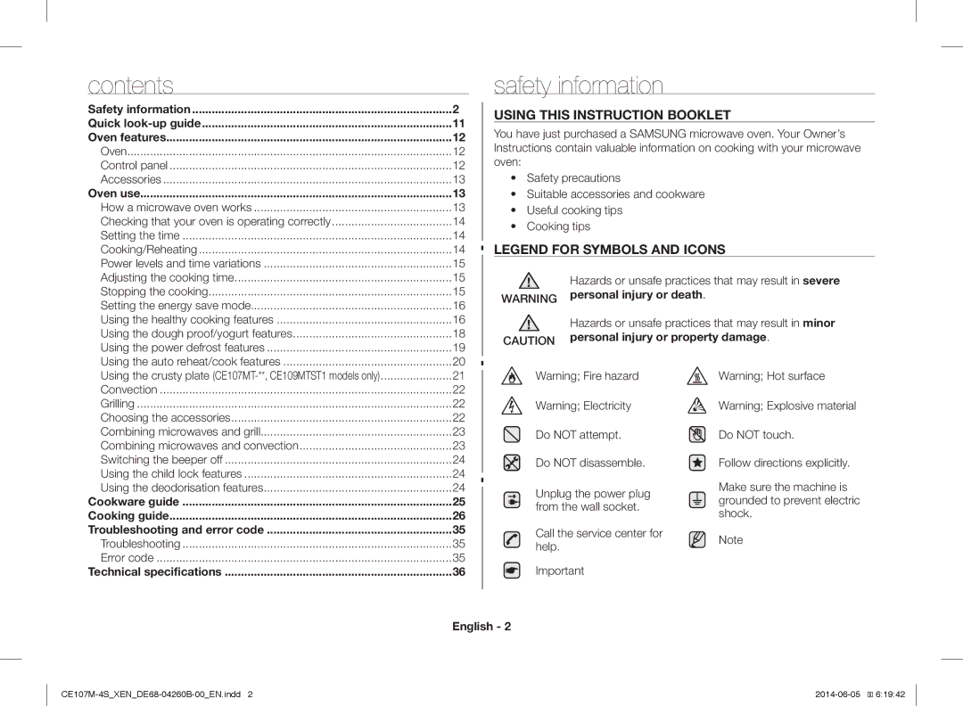 Samsung CE107M-4S/XEN, CE107MST-4/XEN manual Safety information, Contents 