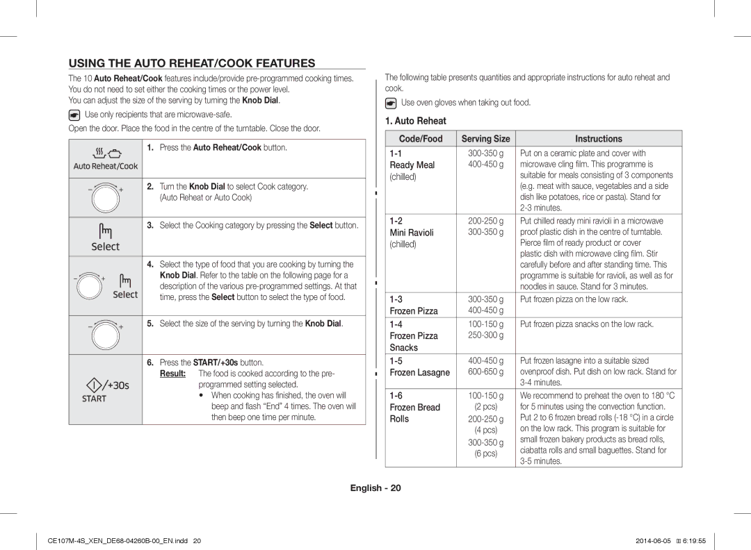 Samsung CE107M-4S/XEN, CE107MST-4/XEN manual Using the Auto REHEAT/COOK Features 