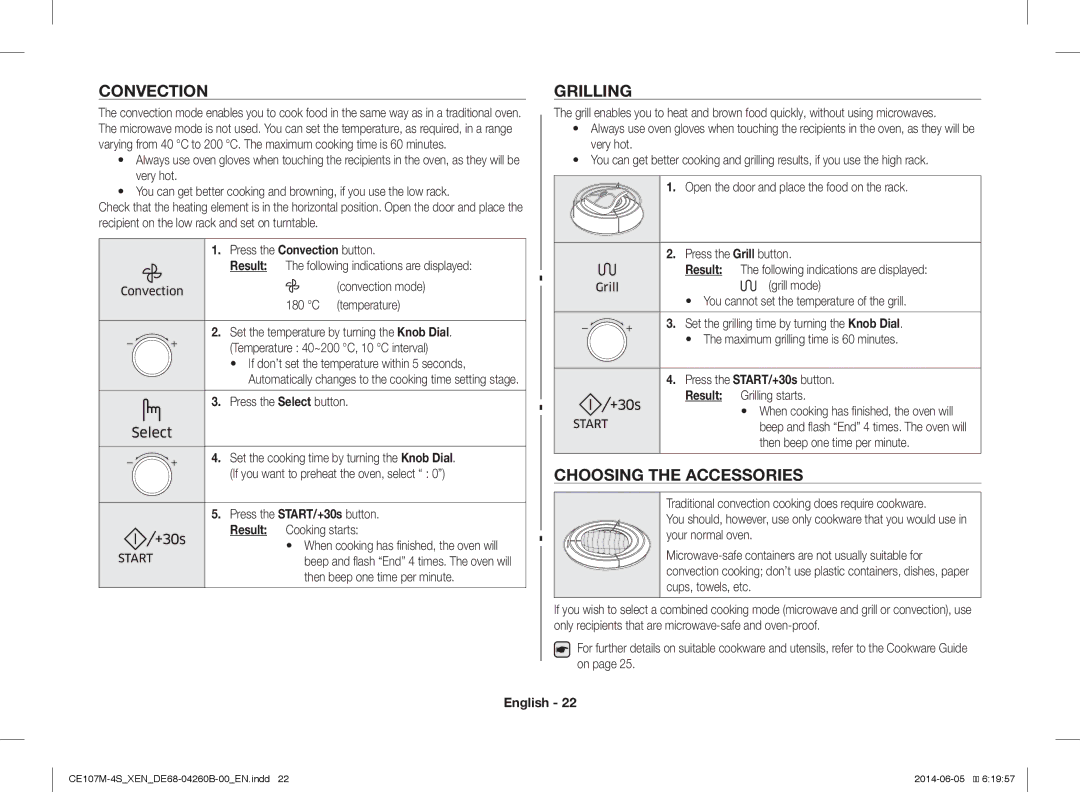 Samsung CE107M-4S/XEN, CE107MST-4/XEN manual Convection, Grilling, Choosing the Accessories, Press the Select button 