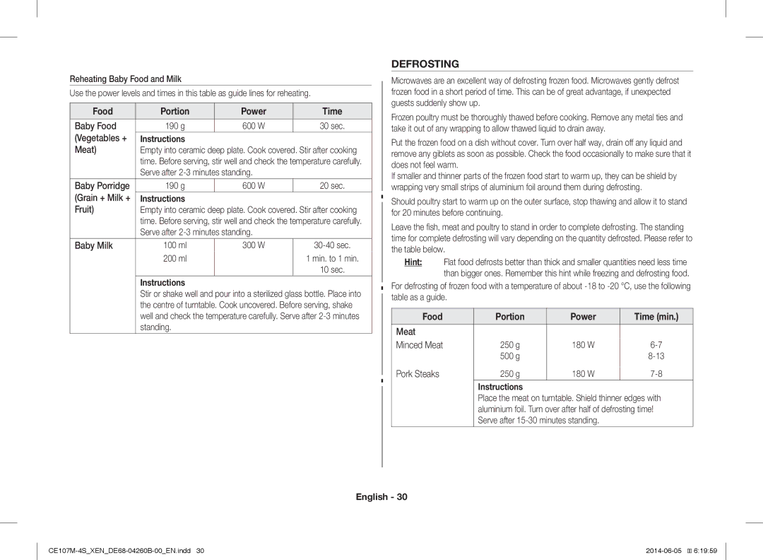 Samsung CE107M-4S/XEN, CE107MST-4/XEN manual Defrosting, Food Portion Power Time 