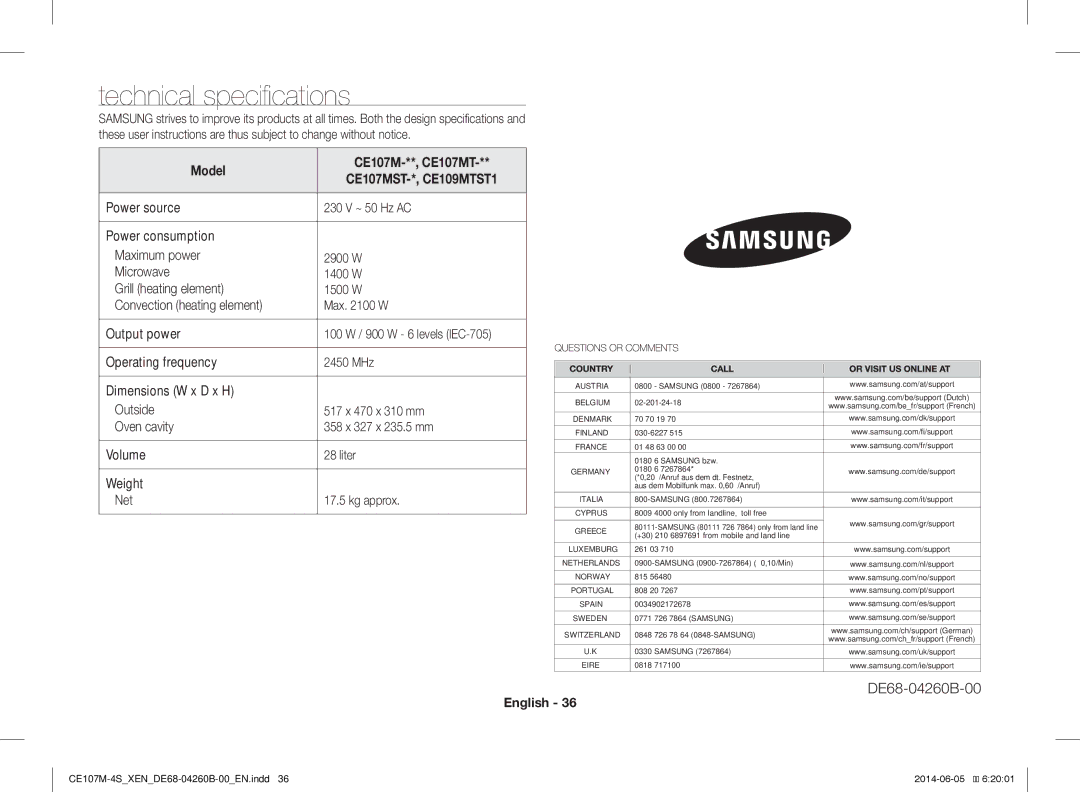 Samsung CE107M-4S/XEN, CE107MST-4/XEN manual Technical specifications, Model CE107M-**, CE107MT 