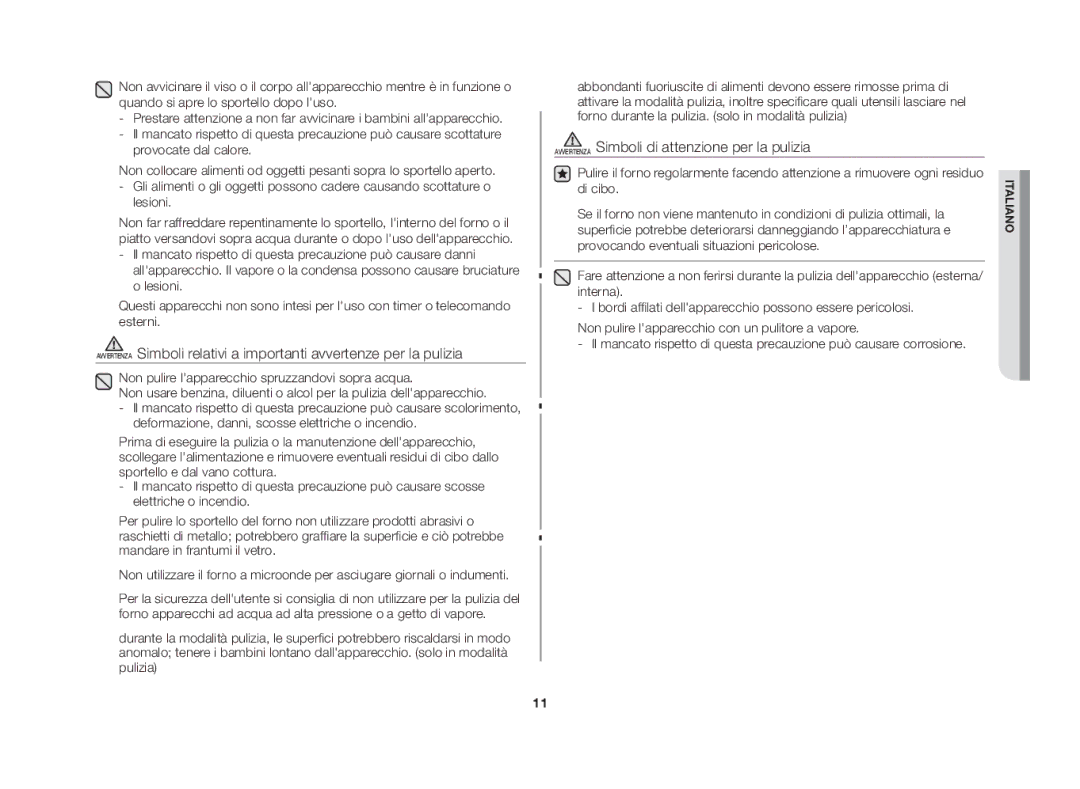 Samsung CE107MT-3B/XET manual Avvertenza Simboli di attenzione per la pulizia 