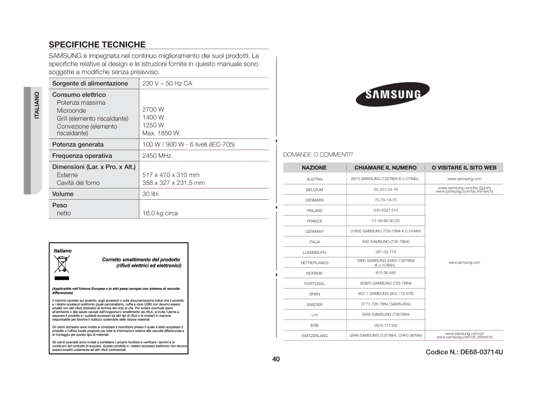 Samsung CE107MT-3B/XET manual Specifiche tecniche 