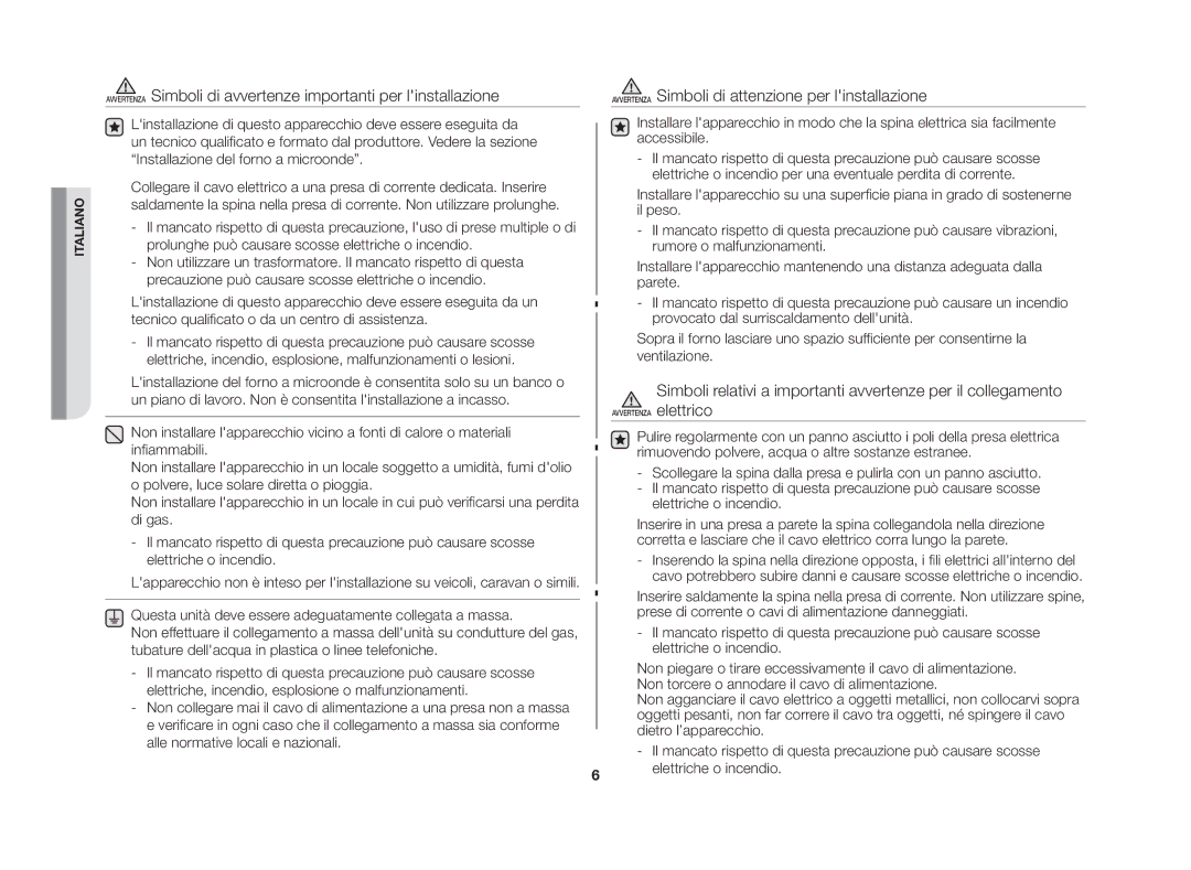 Samsung CE107MT-3B/XET manual Simboli relativi a importanti avvertenze per il collegamento 