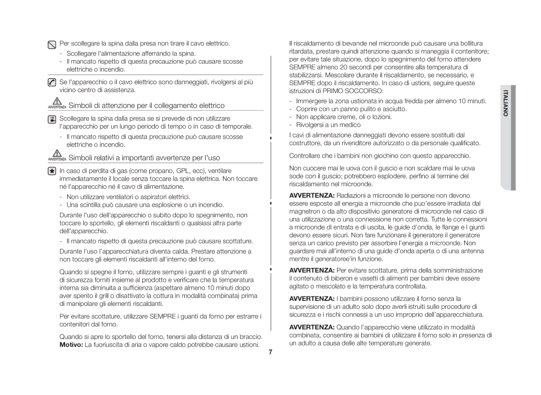 Samsung CE107MT-3B/XET manual Avvertenza Simboli relativi a importanti avvertenze per luso 