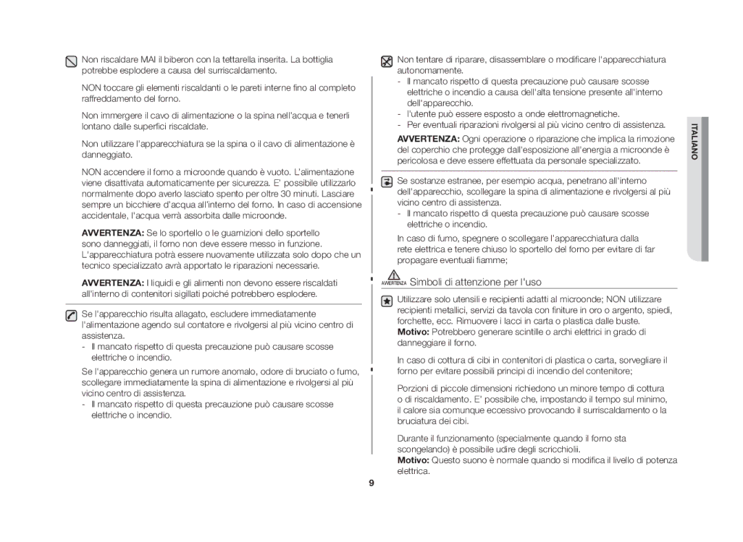 Samsung CE107MT-3B/XET manual Avvertenza Simboli di attenzione per luso 