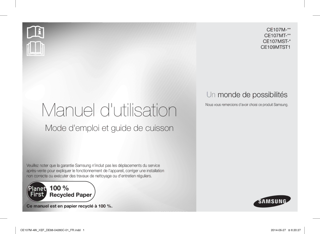 Samsung CE107M-4W/XEF, CE107MT-4B/XEF manual Manuel dutilisation, Nous vous remercions davoir choisi ce produit Samsung 