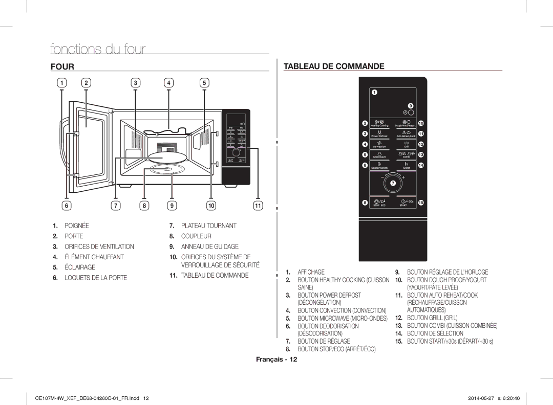 Samsung CE107MT-4B/XEF, CE107M-4W/XEF manual Fonctions du four, Four Tableau DE Commande 