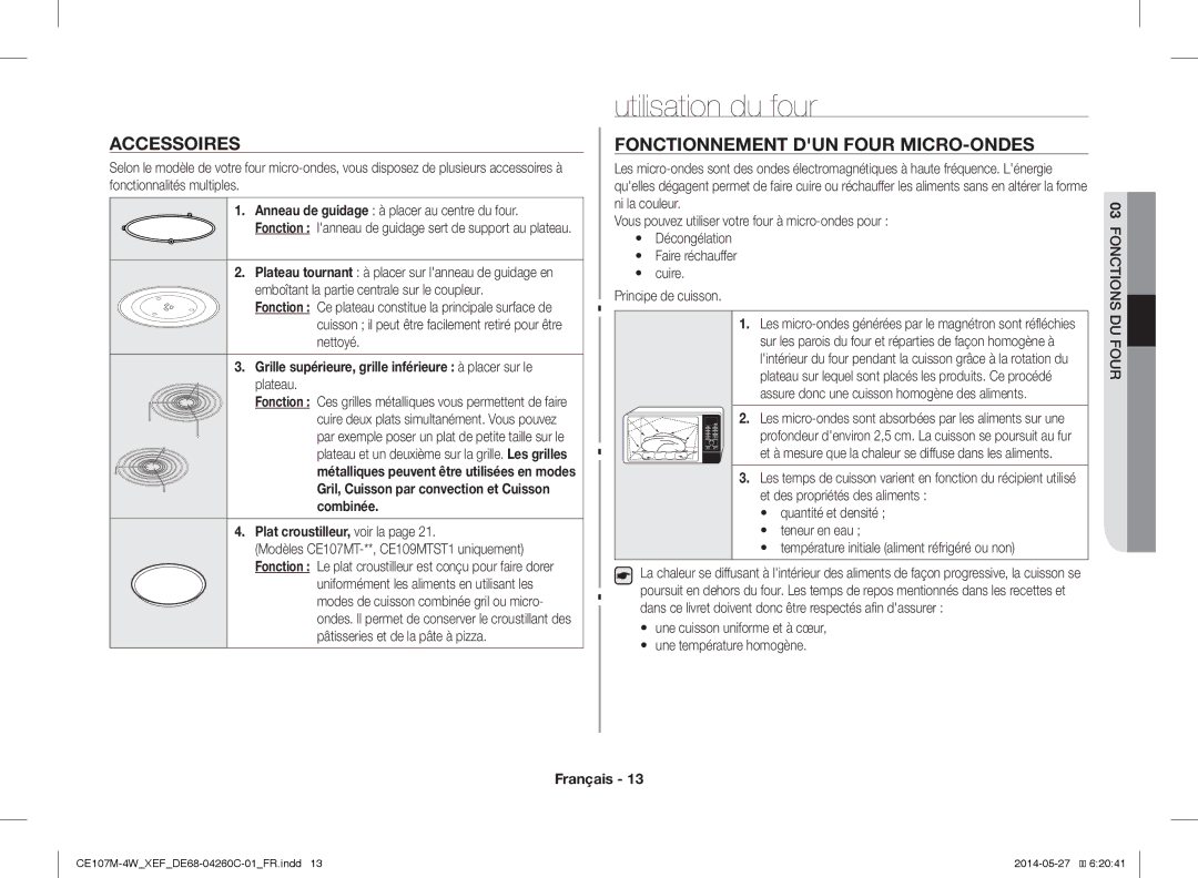 Samsung CE107M-4W/XEF Utilisation du four, Accessoires, Fonctionnement DUN Four MICRO-ONDES, Plat croustilleur, voir la 